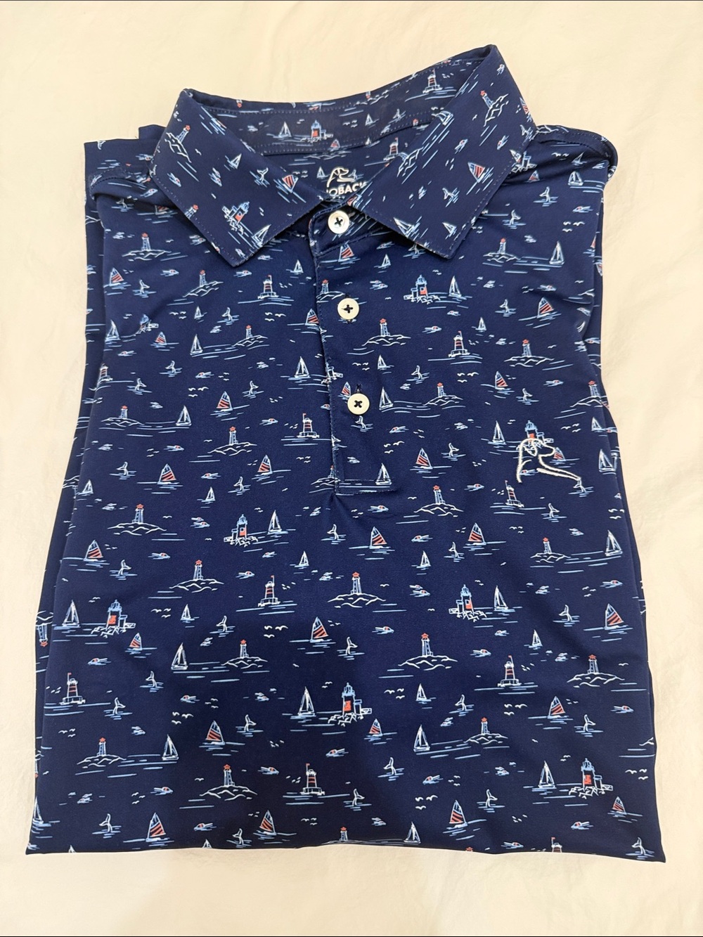 Rhoback Men’s Navy Sailboat-Print Performance Polo, XL